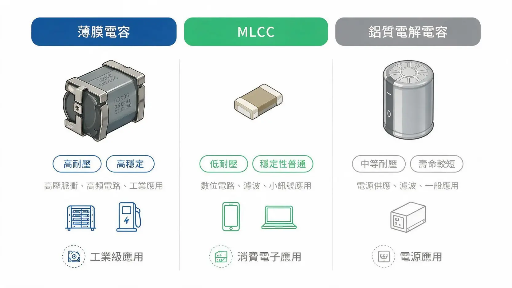【5328華容做什麼的】被動元件老將新生!搭上AI伺服器與充電樁熱潮 3 一張對比圖,比較三種主要電容器的特性:薄膜電容、MLCC和鋁質電解電容。薄膜電容適用於AI伺服器,MLCC適用於消費電子,鋁質電解電容適用於一般電源。