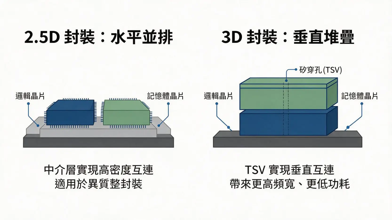 【日月光(3711)做什麼】全球第一封測廠!AI時代不可或缺的幕後功臣 3 2.5D與3D先進封裝技術比較圖,展示了2.5D水平並排和3D垂直堆疊的結構差異。