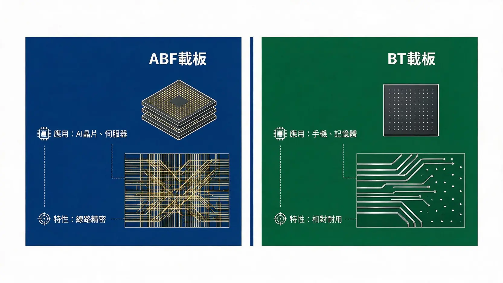 【欣興電子(3037)做什麼的】AI晶片的隱形冠軍!ABF載板龍頭全解析 3 ABF載板與BT載板的比較圖,顯示ABF載板用於CPU等高階應用且線路精密,而BT載板用於手機等裝置。